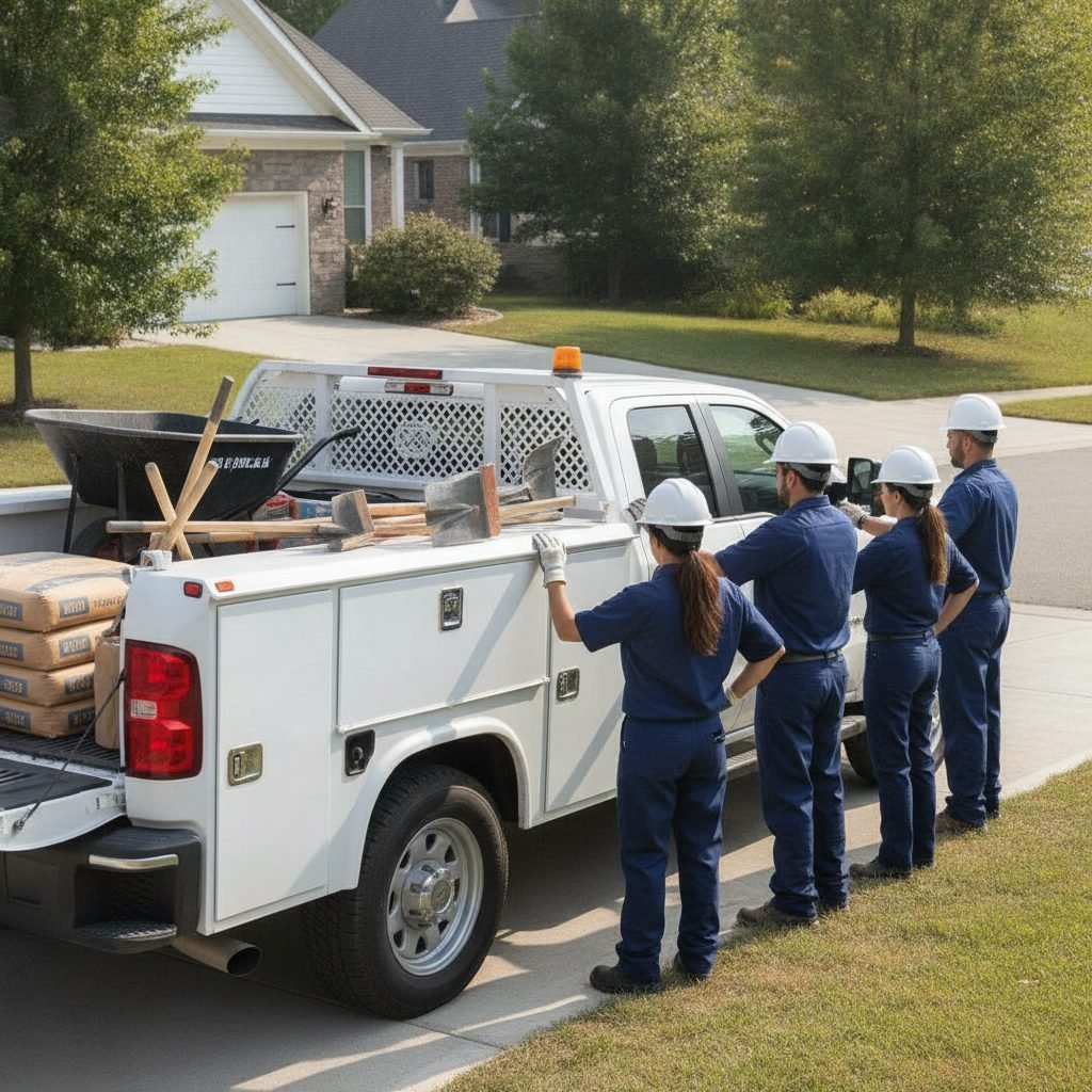 Professional concrete contractor team standing proudly beside a clean white work truck loaded with concrete tools in a r