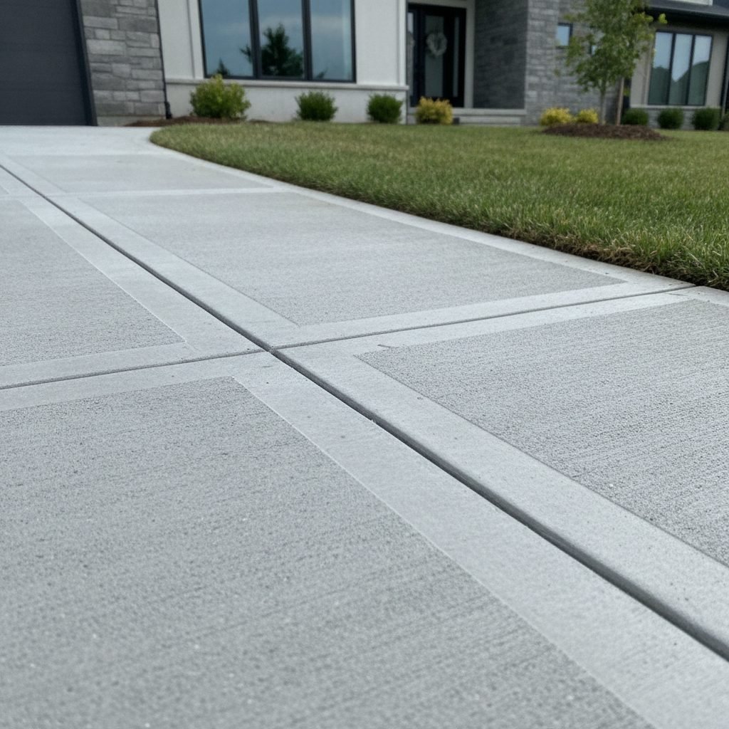 Detailed close-up of high quality concrete craftsmanship: a perfectly finished driveway edge with clean form lines and s
