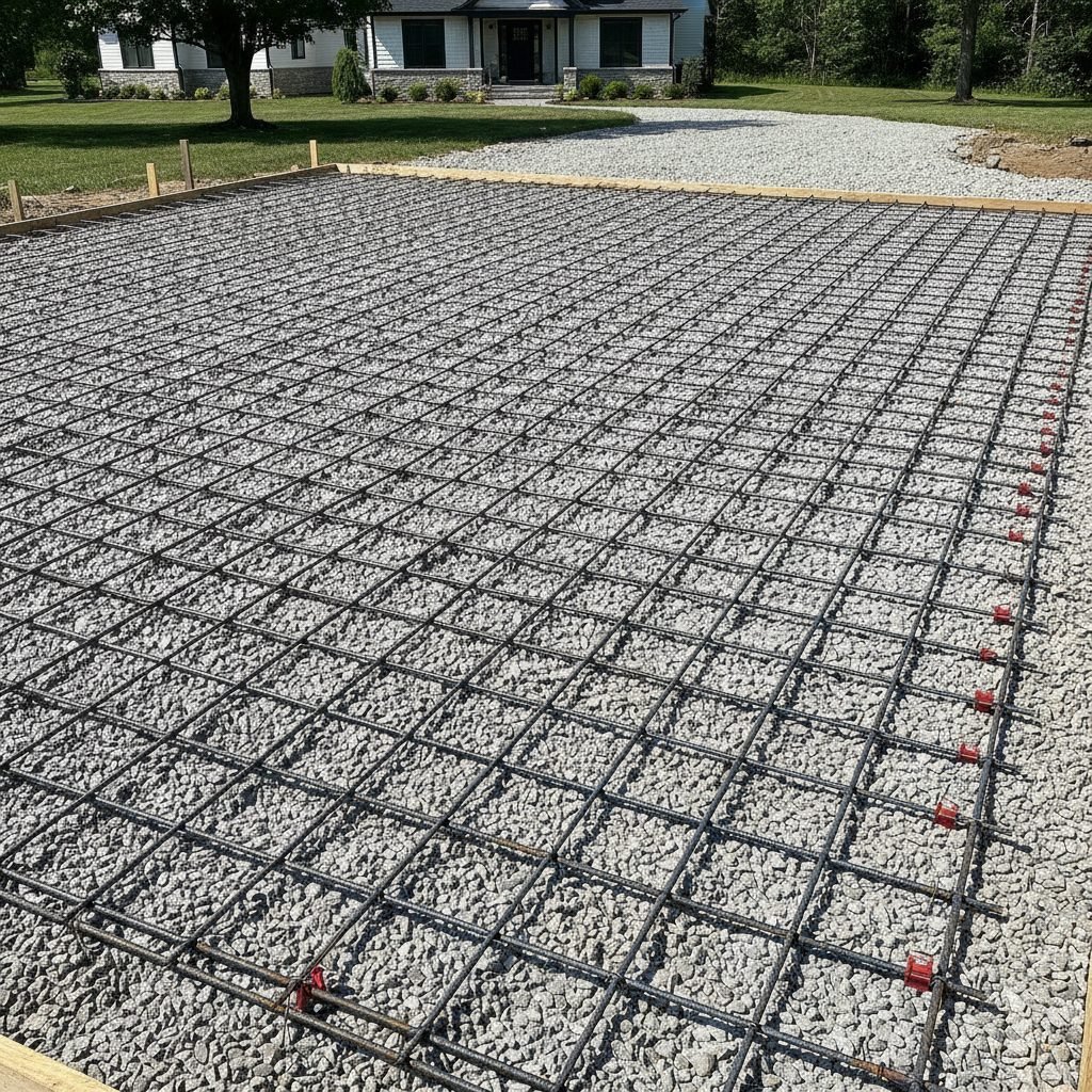 Compacted gravel base being prepared with rebar reinforcement grid laid out before a concrete pour on a residential driv