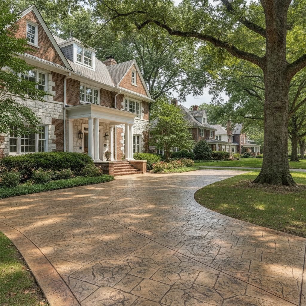 New stamped decorative concrete driveway at a stately historic Bexley Ohio home with classic brick architecture