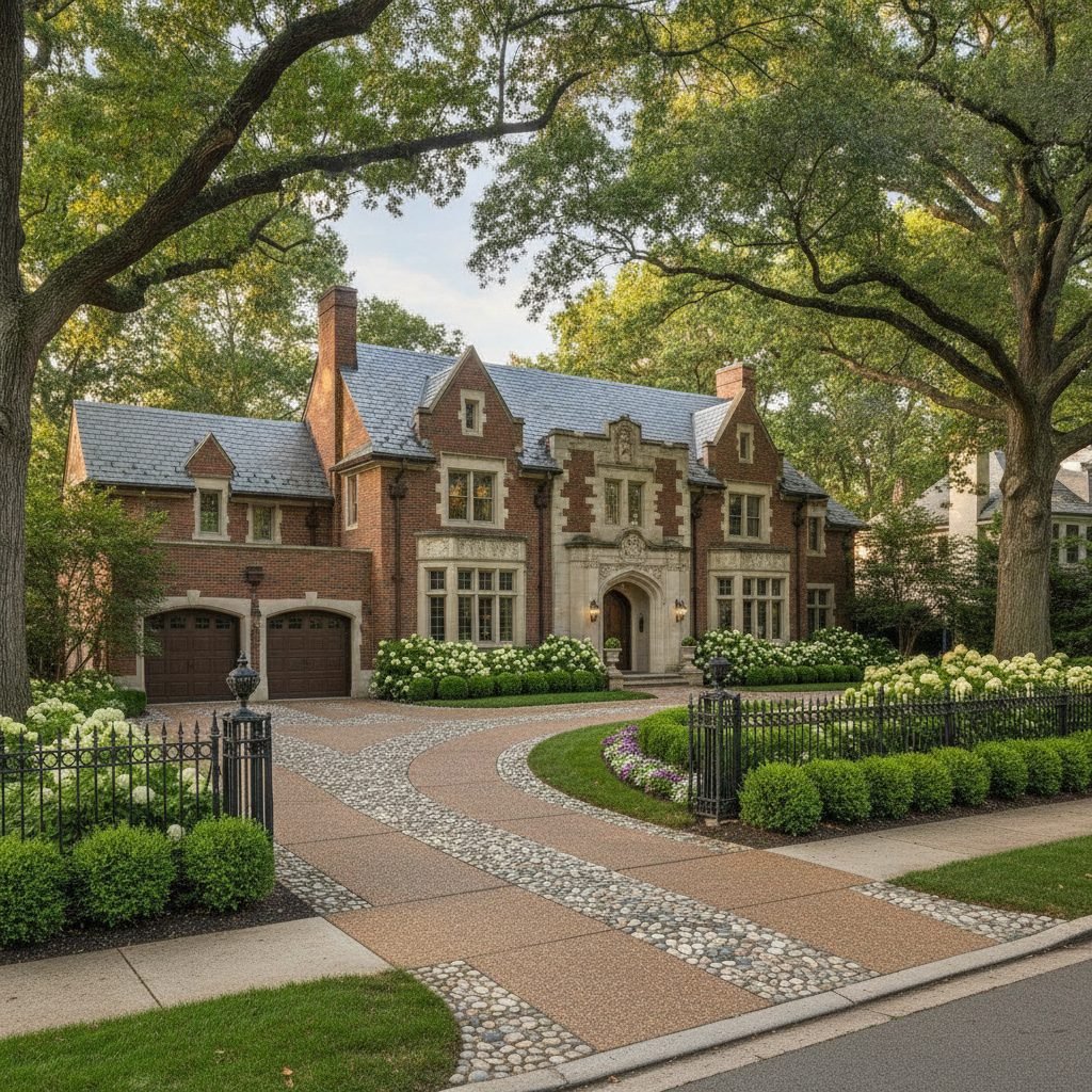 Elegant historic mansion in Bexley Ohio with a decorative exposed aggregate driveway