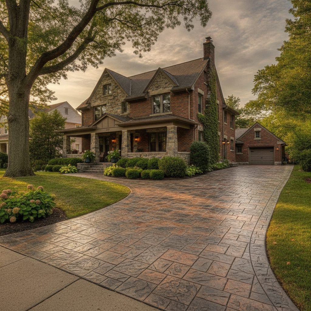 Character-rich older Bexley Ohio home with a stamped concrete driveway that complements the historic architecture
