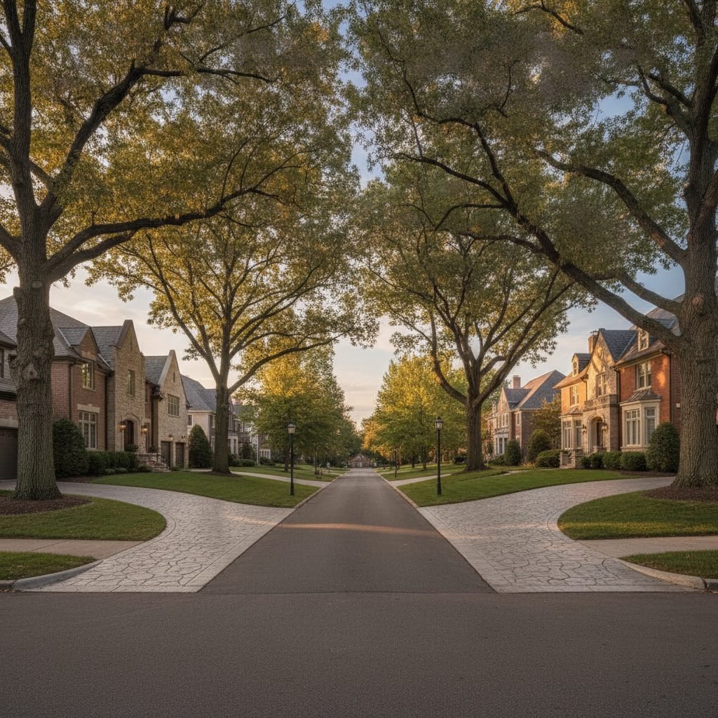 Beautiful tree-lined Bexley Ohio street with stately historic homes and decorative concrete drives