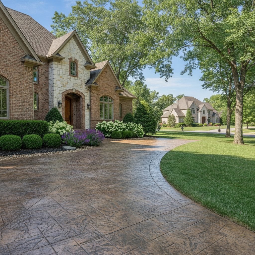 New stamped concrete driveway in front of an upscale Dublin Ohio home with brick and stone facade