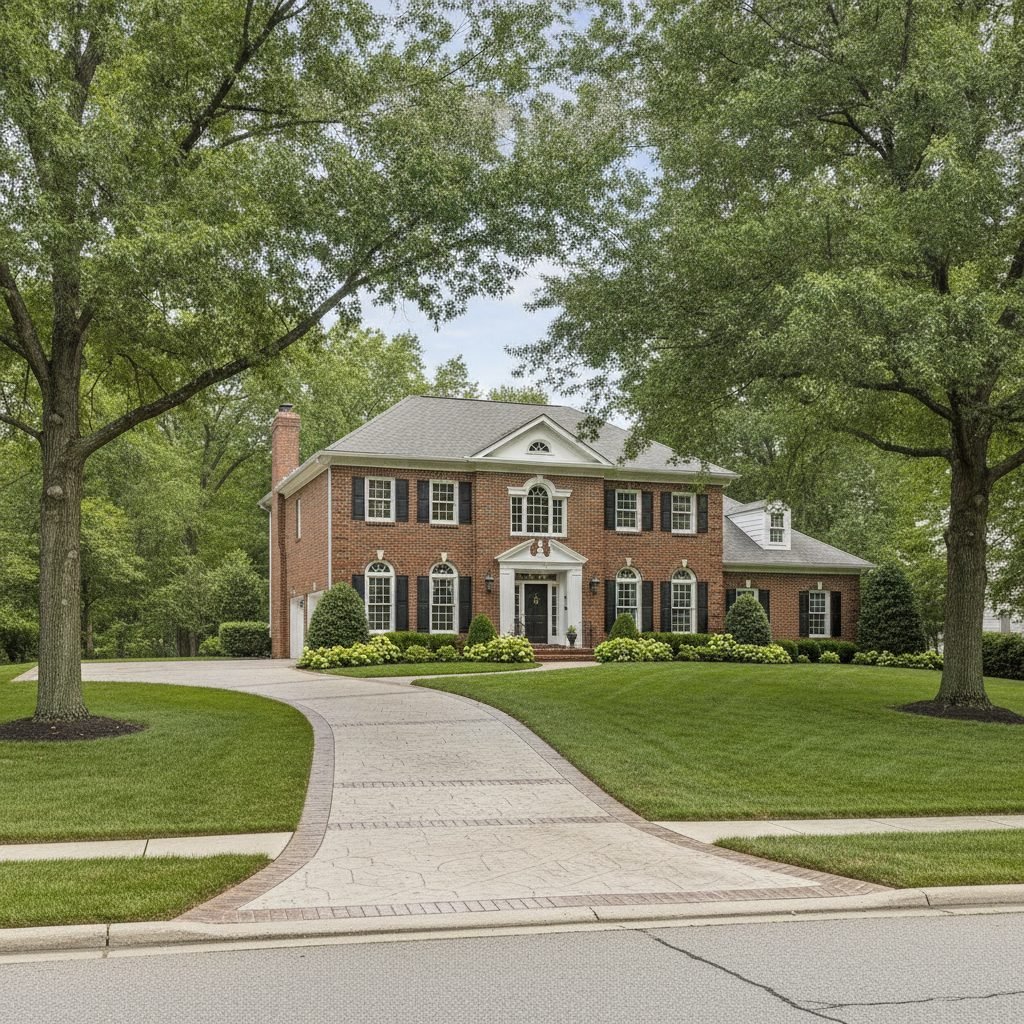 Elegant large brick Georgian-style home in Dublin Ohio with a wide decorative concrete driveway