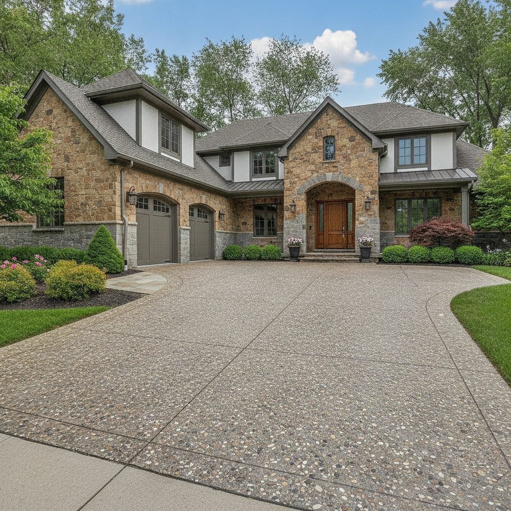 Decorative exposed aggregate driveway complementing a high-end Dublin Ohio home with stone accents