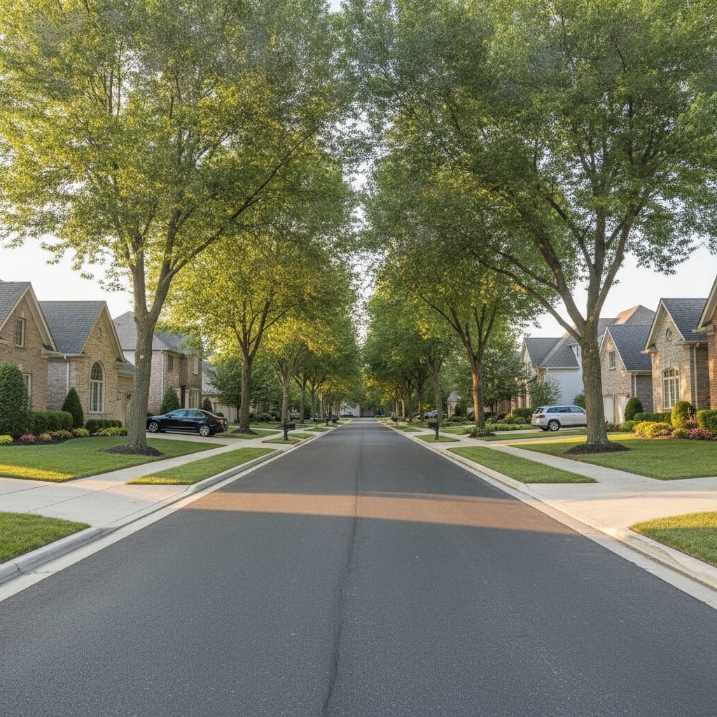 Tree-lined upscale residential street in Dublin Ohio with attractive homes and clean concrete driveways