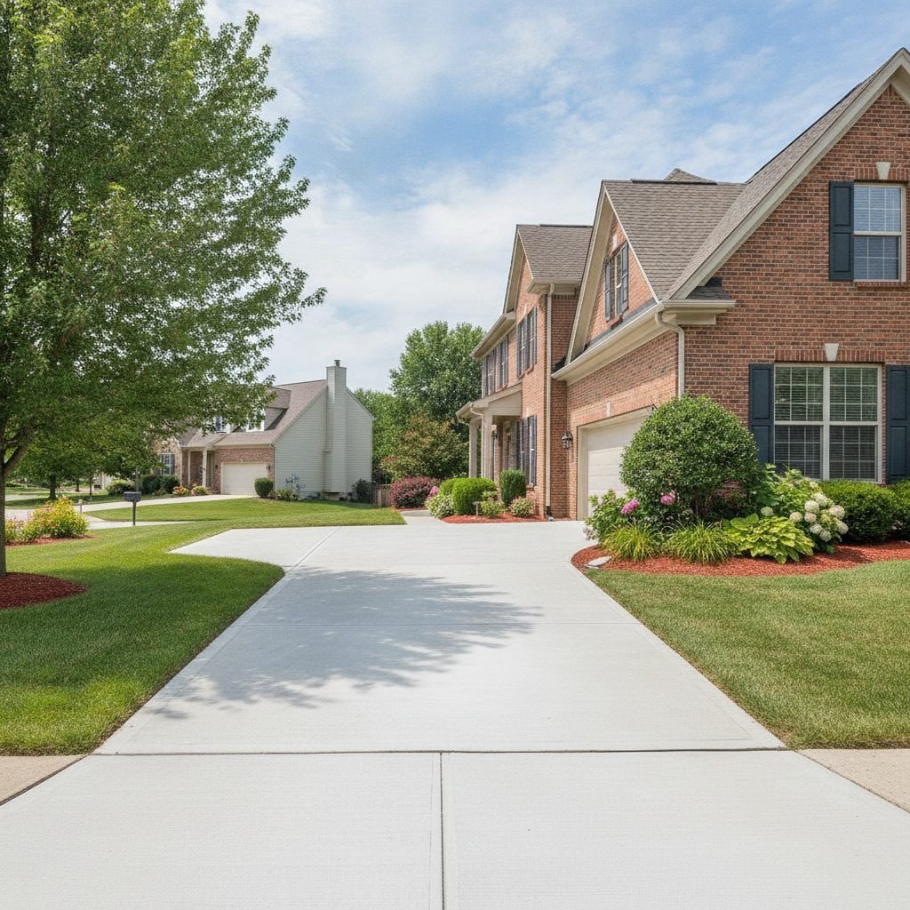 New replacement concrete driveway at an established suburban Gahanna Ohio home