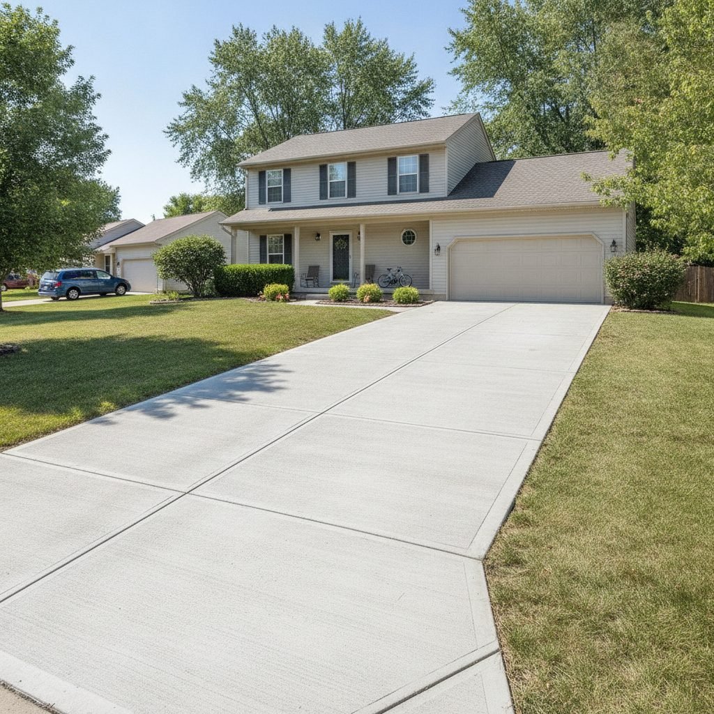 New affordable broom-finish concrete driveway at a Grove City Ohio family home