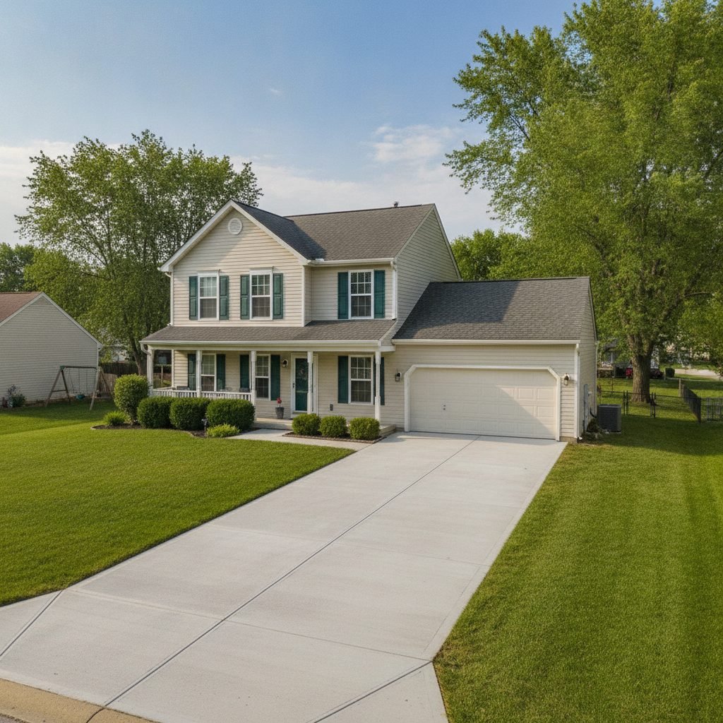 Modest two-story Grove City Ohio home with a freshly poured durable concrete driveway