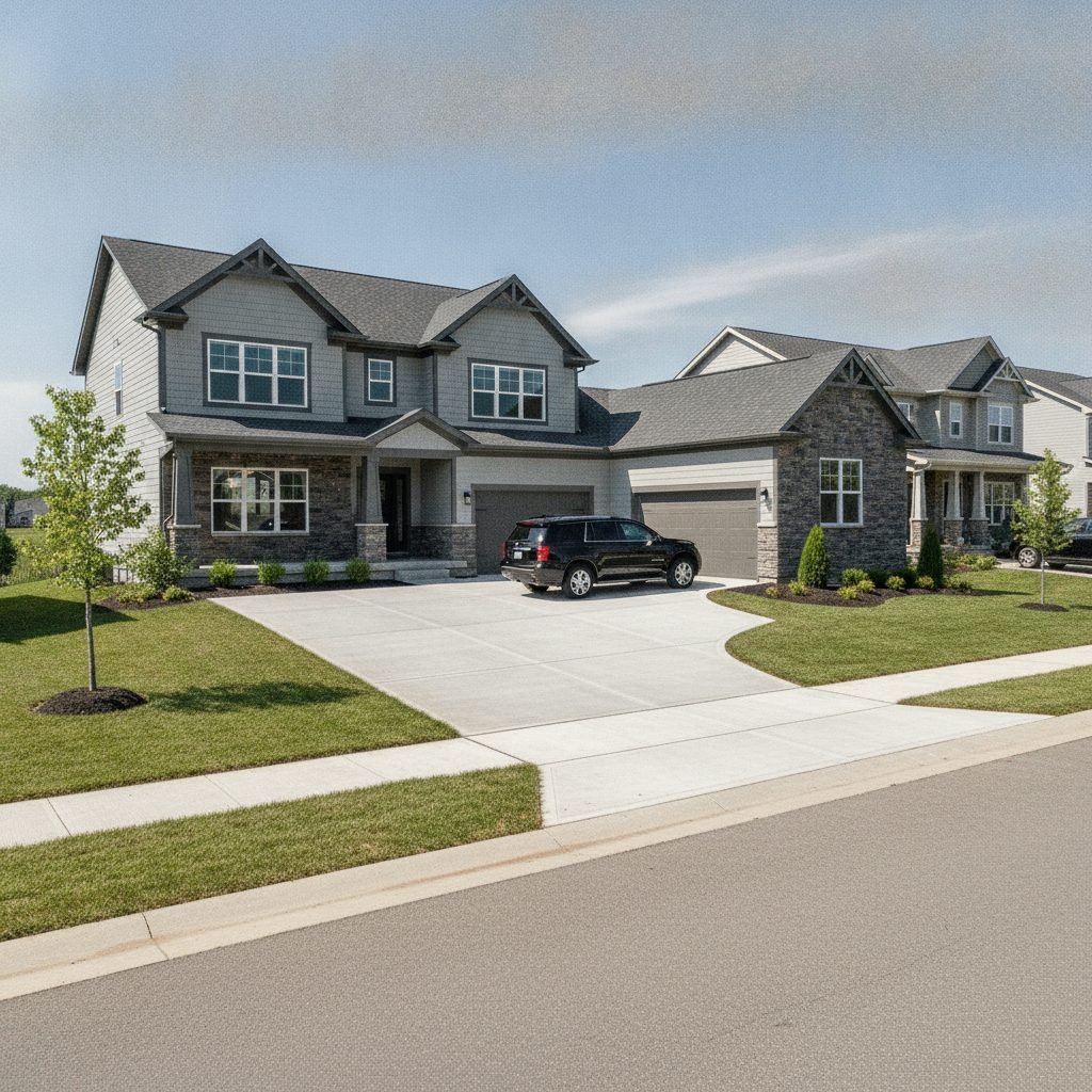 New wide concrete driveway with extra parking at a newer-build Hilliard Ohio family home in a modern subdivision