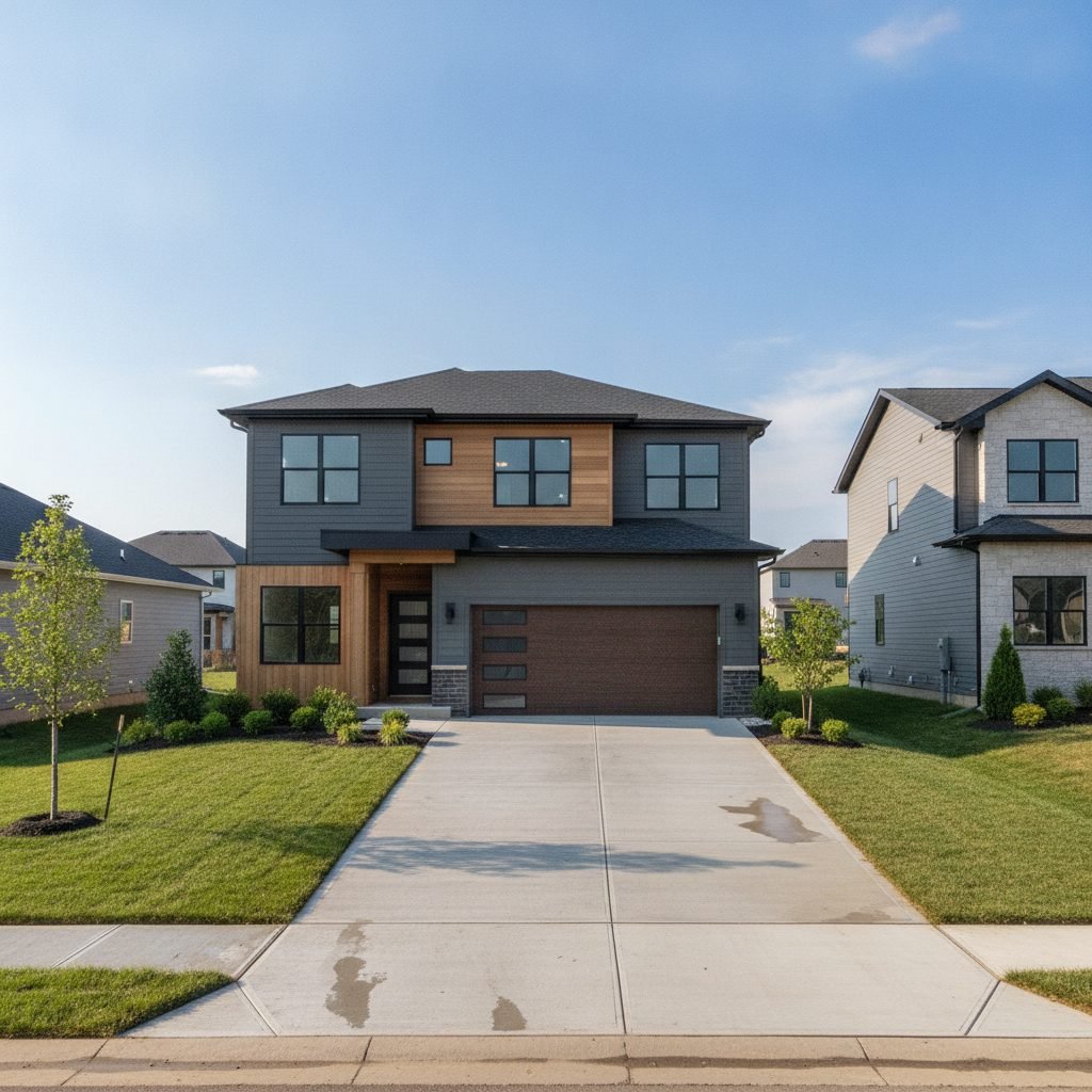 Contemporary two-story home in a newer Hilliard Ohio subdivision with a freshly poured concrete driveway