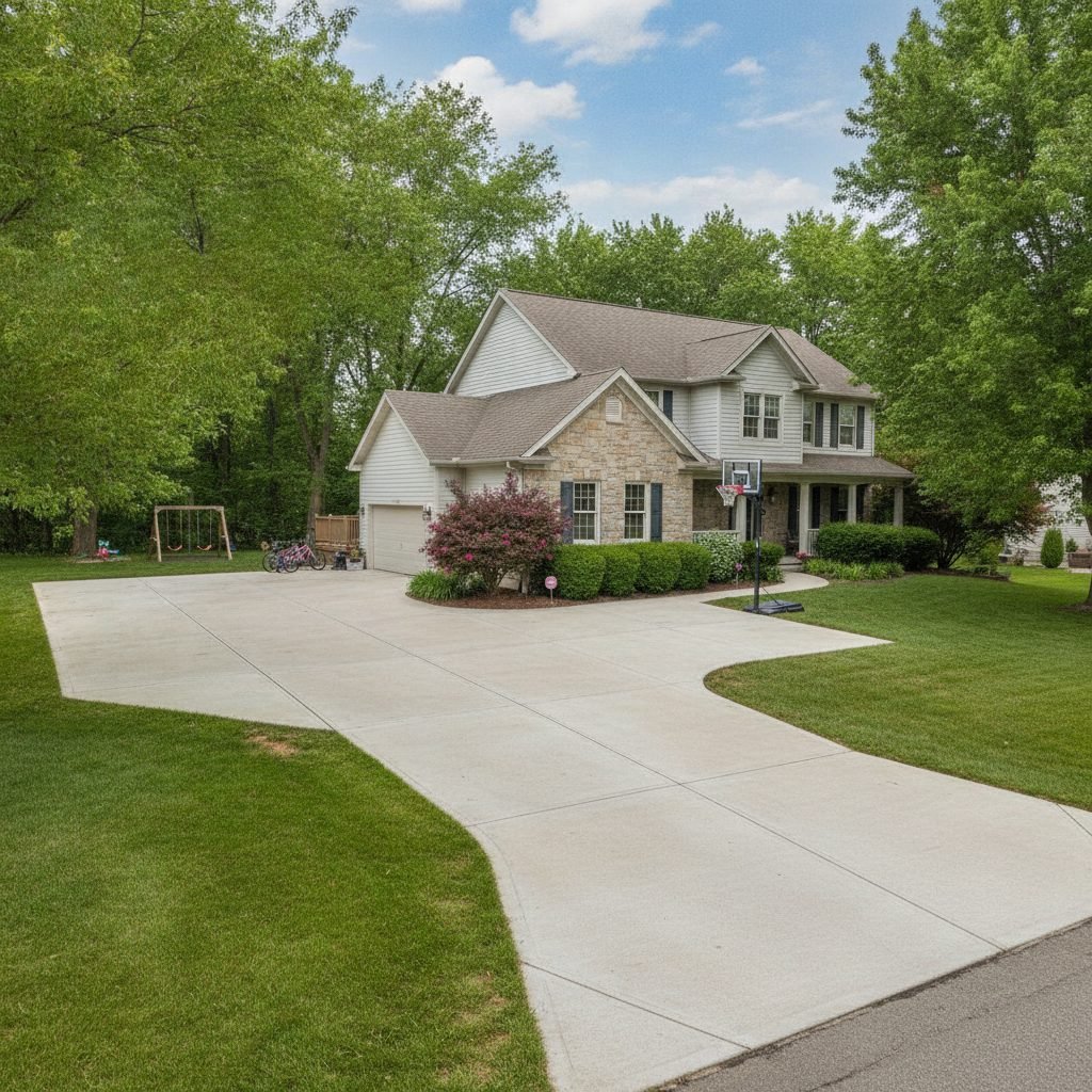 Widened concrete driveway with an added parking pad and RV space at a Hilliard Ohio home