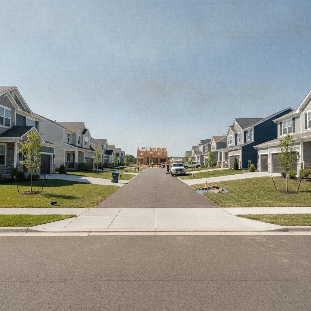 Clean modern Hilliard Ohio neighborhood street with new homes and broad concrete driveways