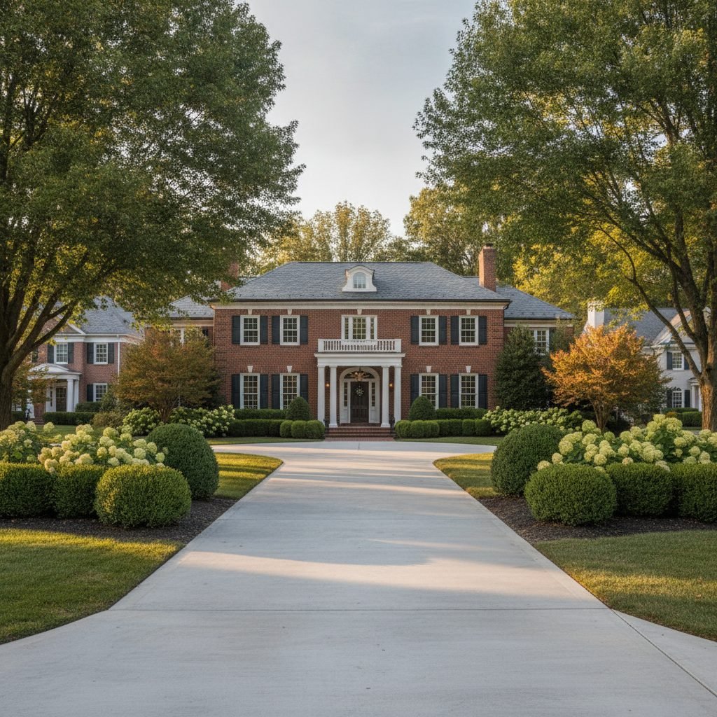 New concrete driveway in front of a classic Georgian red-brick home with white trim in New Albany Ohio