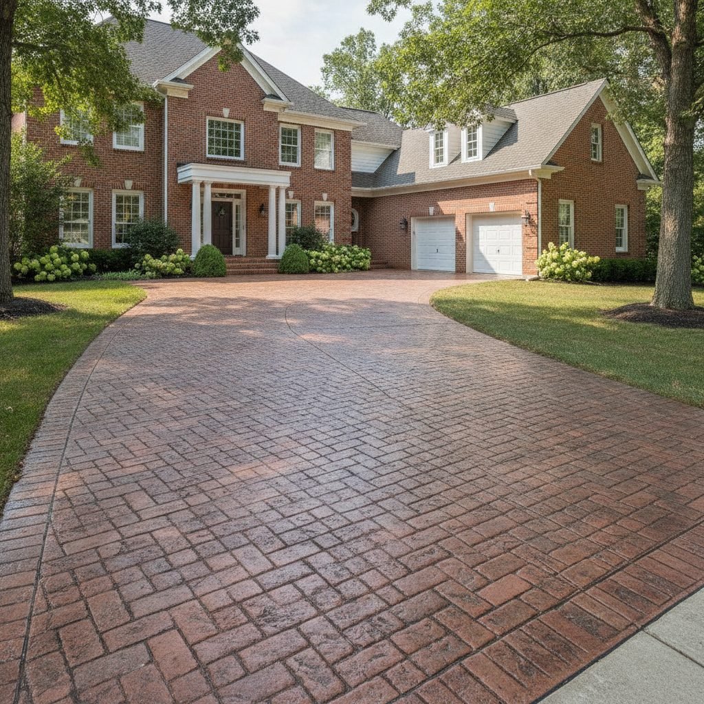 Stamped brick-pattern concrete driveway matching the brick facade of an upscale New Albany Ohio home