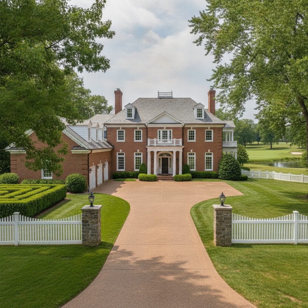 Grand red-brick and white-trim mansion in New Albany Ohio with a wide exposed aggregate driveway and white fencing