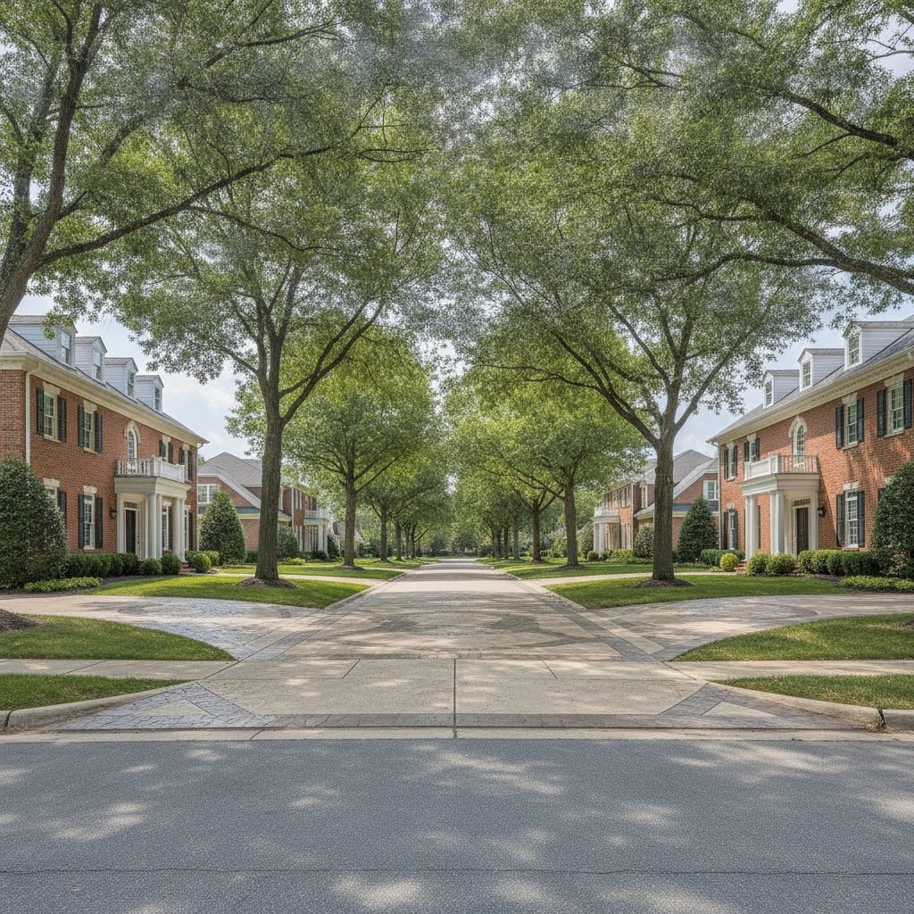 Pristine tree-lined New Albany Ohio neighborhood street with Georgian-style homes and decorative concrete drives