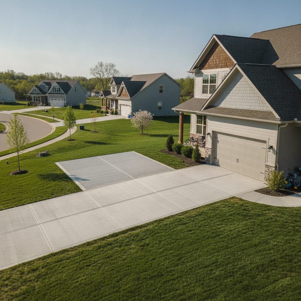 New wide concrete driveway with an RV parking pad at a newer Pickerington Ohio subdivision home