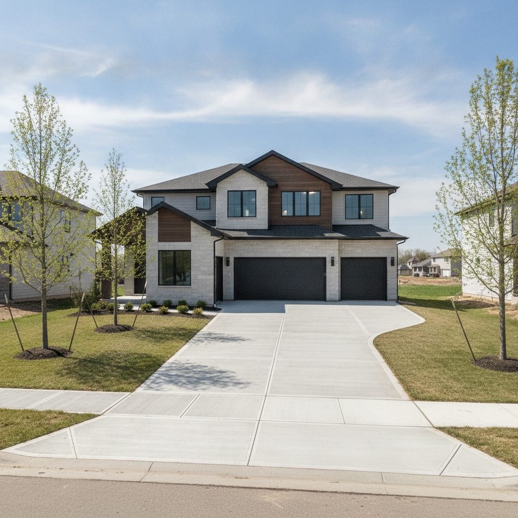 Contemporary Pickerington Ohio home with a freshly poured extended concrete driveway