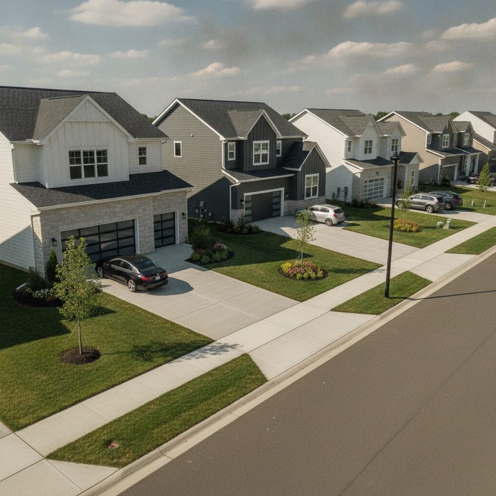 Clean newer Pickerington Ohio residential street with modern homes and broad concrete driveways