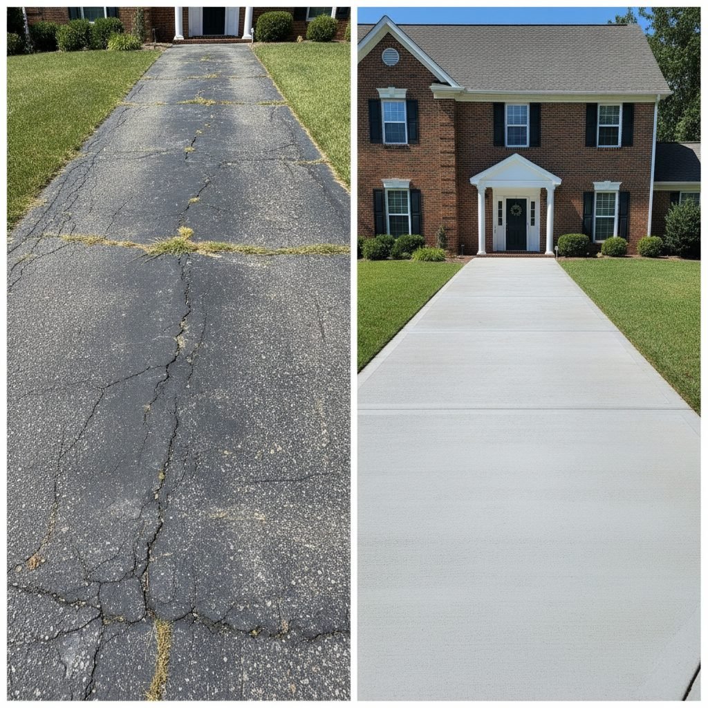 Newly converted concrete driveway replacing old asphalt in front of an established Powell Ohio family home