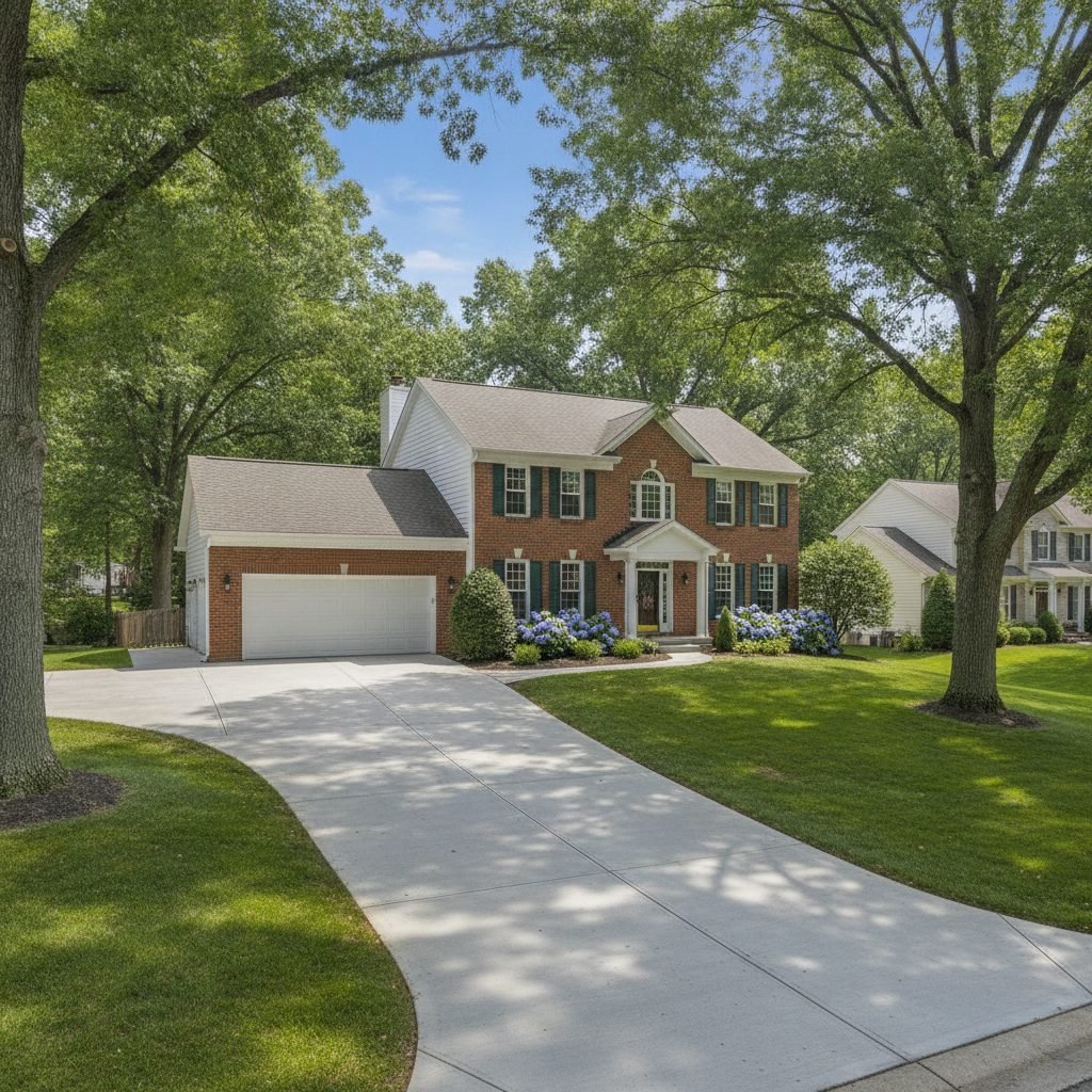 Two-story traditional home in Powell Ohio with a wide fresh gray concrete driveway