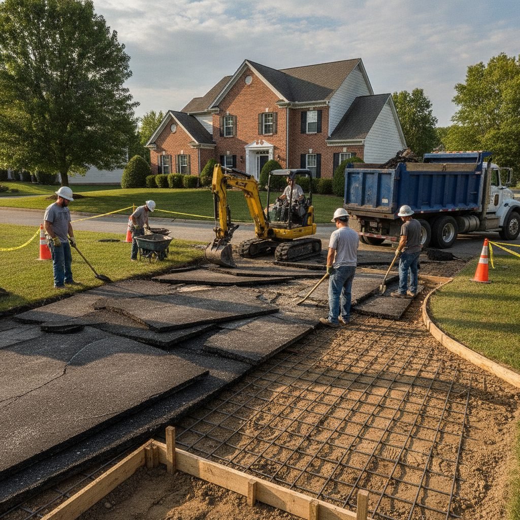 Concrete crew tearing out an old asphalt driveway to replace with concrete at a Powell Ohio home