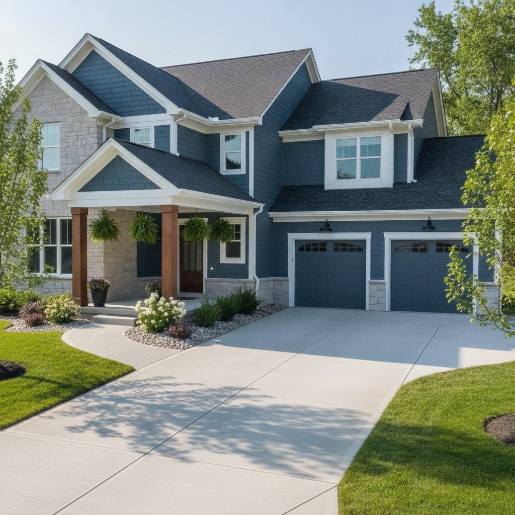 Attractive Powell Ohio home exterior with a smooth new concrete driveway and walkway