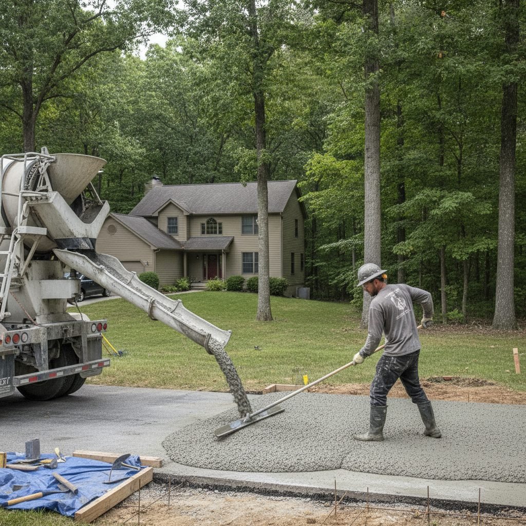 Worker pouring a new concrete driveway at a Reynoldsburg Ohio home near established woods
