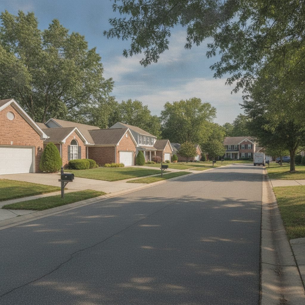 Pleasant Reynoldsburg Ohio residential street with suburban homes and tidy concrete driveways