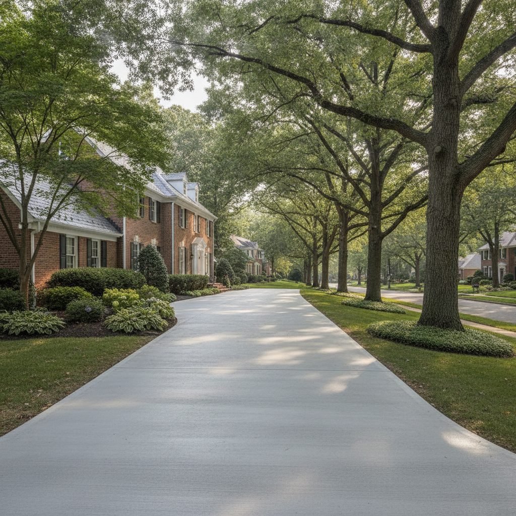 New concrete driveway at a classic Upper Arlington Ohio home surrounded by large mature oak and maple trees