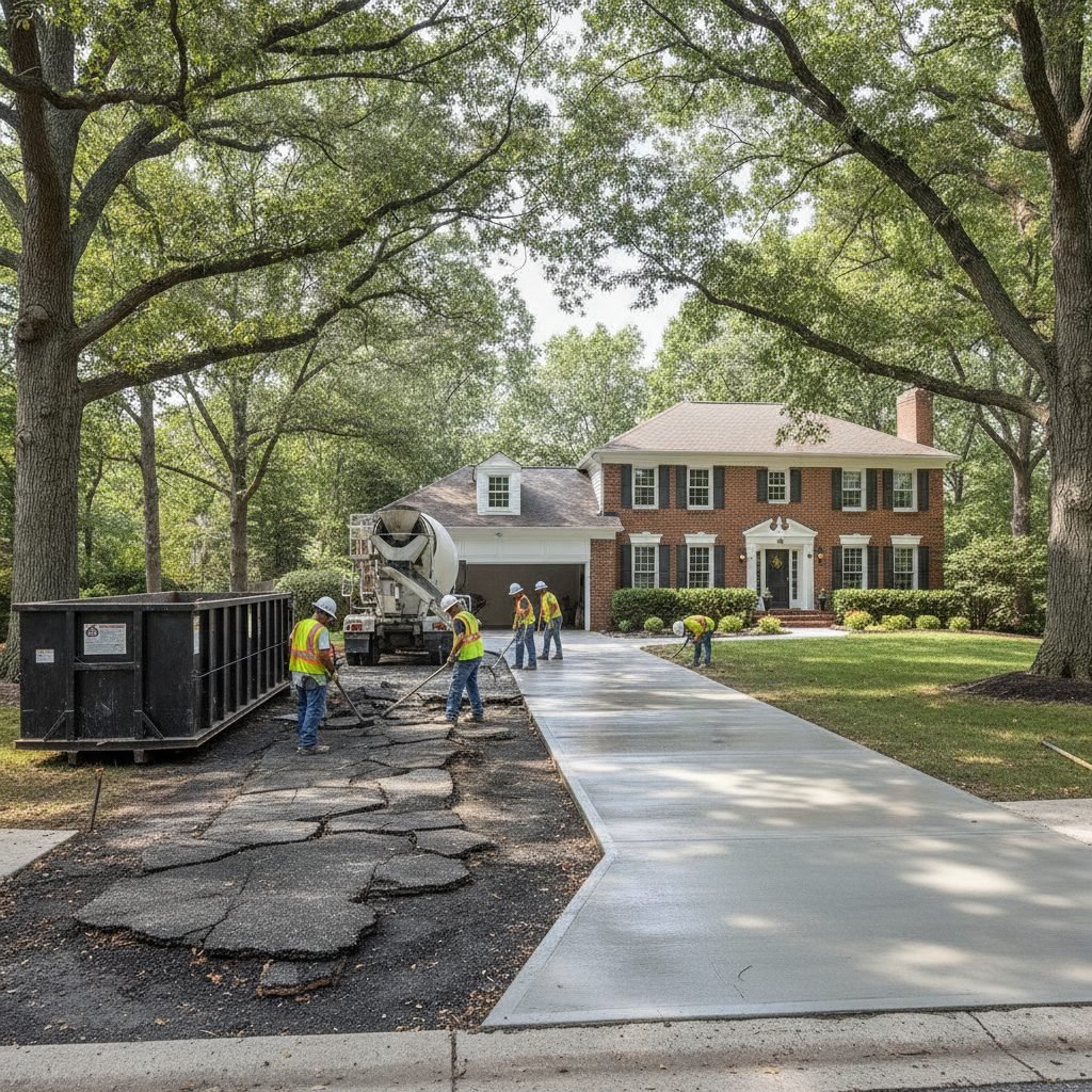 Removal of a root-heaved cracked driveway being replaced with smooth new concrete at an Upper Arlington Ohio home under