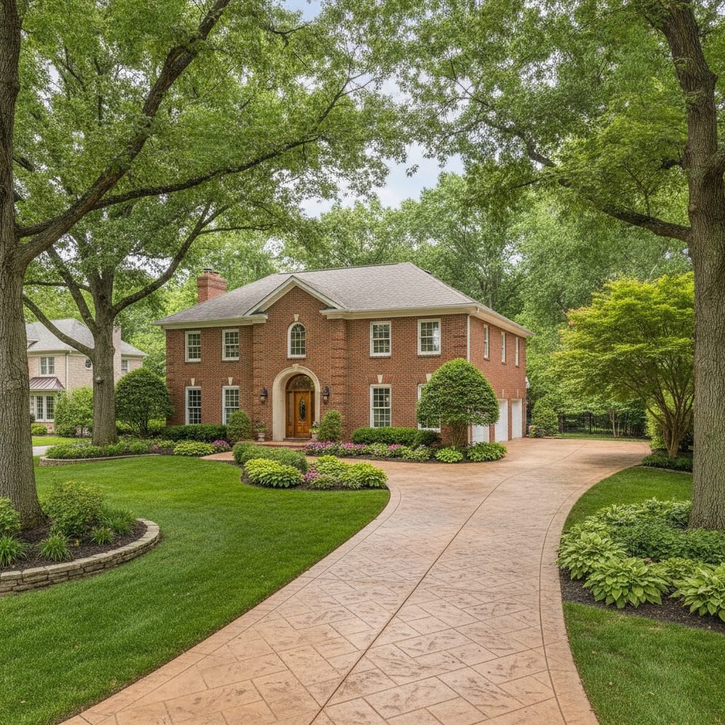 Stately brick home in Upper Arlington Ohio with a decorative concrete driveway