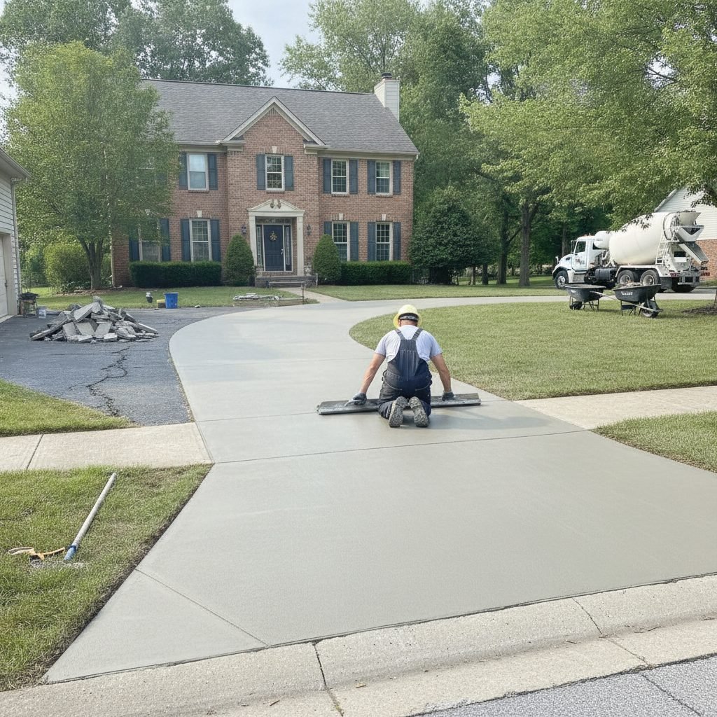 Worker finishing a new concrete driveway replacing a cracked old one at a Westerville Ohio home