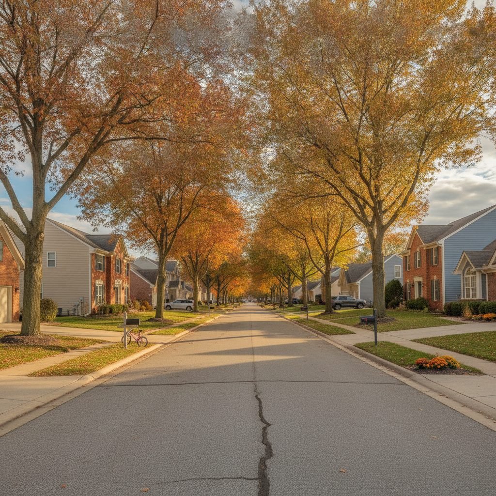 Tree-lined established Westerville Ohio residential street with traditional homes and clean concrete driveways