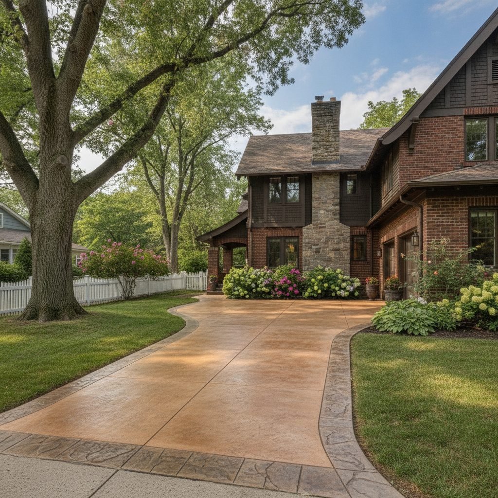 New decorative concrete driveway at a charming historic Worthington Ohio home with classic architecture