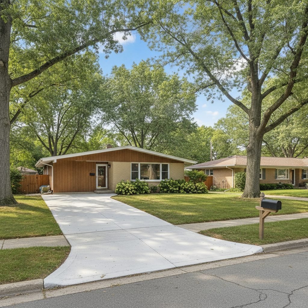 Mid-century home in Worthington Ohio with a repaired and resurfaced smooth concrete driveway