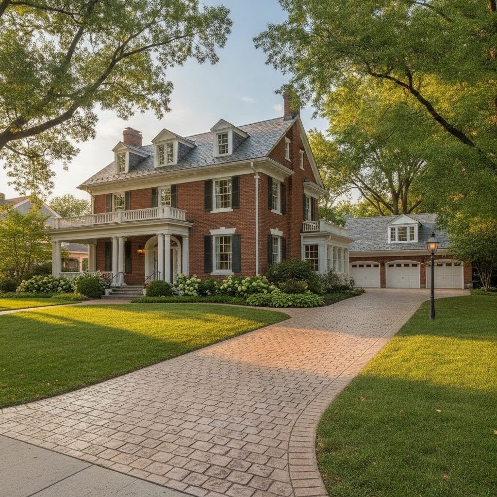 Historic-style Worthington Ohio home near Old Worthington with a stamped concrete driveway that respects the classic str