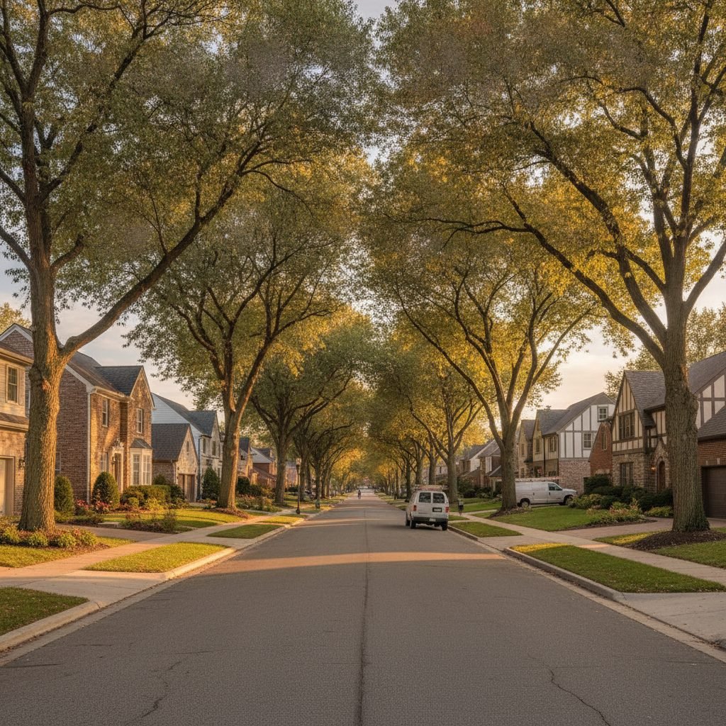 Picturesque tree-lined Worthington Ohio street with traditional homes and tidy concrete driveways