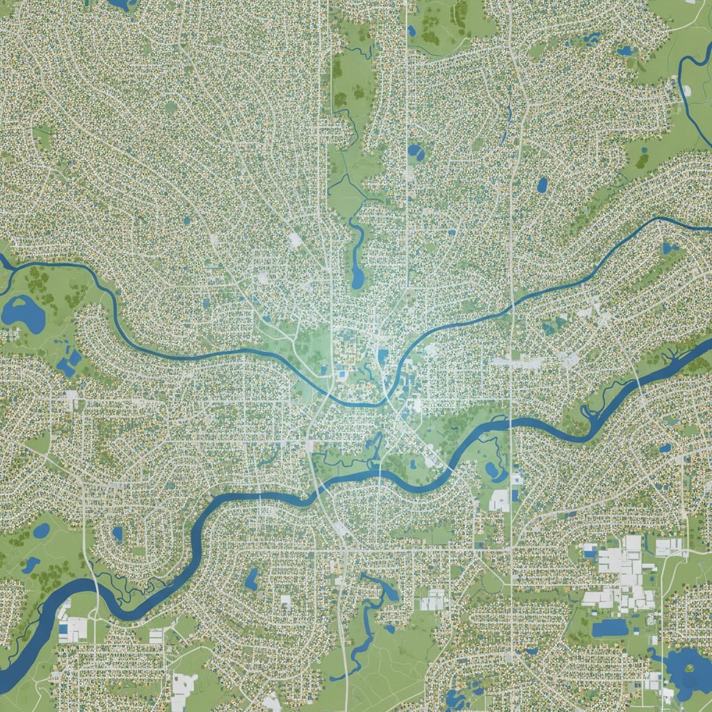 Stylized map-style aerial view of the greater Columbus Ohio metro area suburbs with attractive residential neighborhoods
