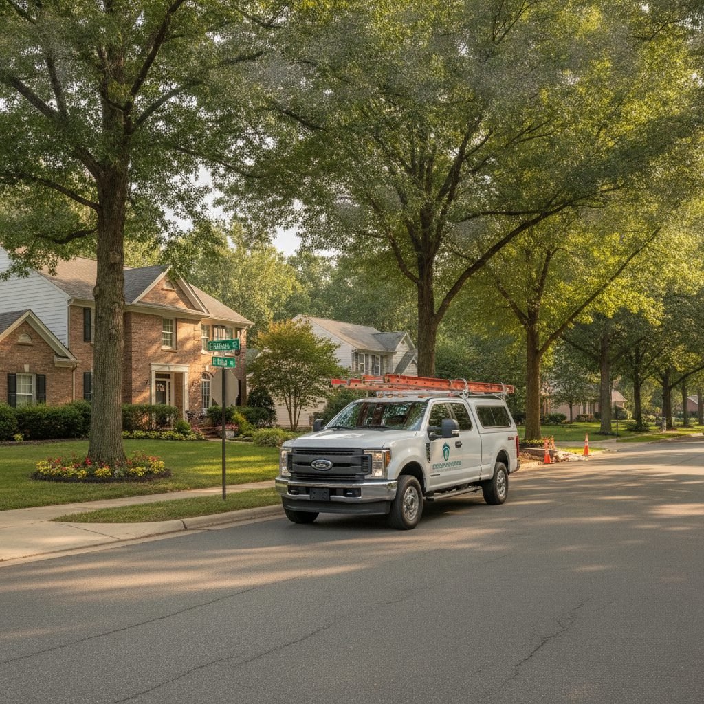 Clean white contractor truck driving through a leafy Columbus Ohio suburban neighborhood on the way to a job