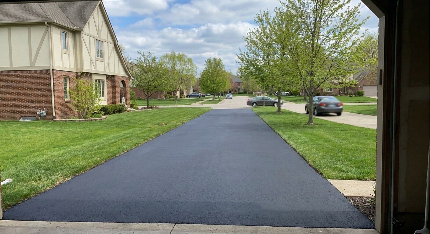 Freshly paved asphalt driveway at a suburban home in Blacklick, Ohio.