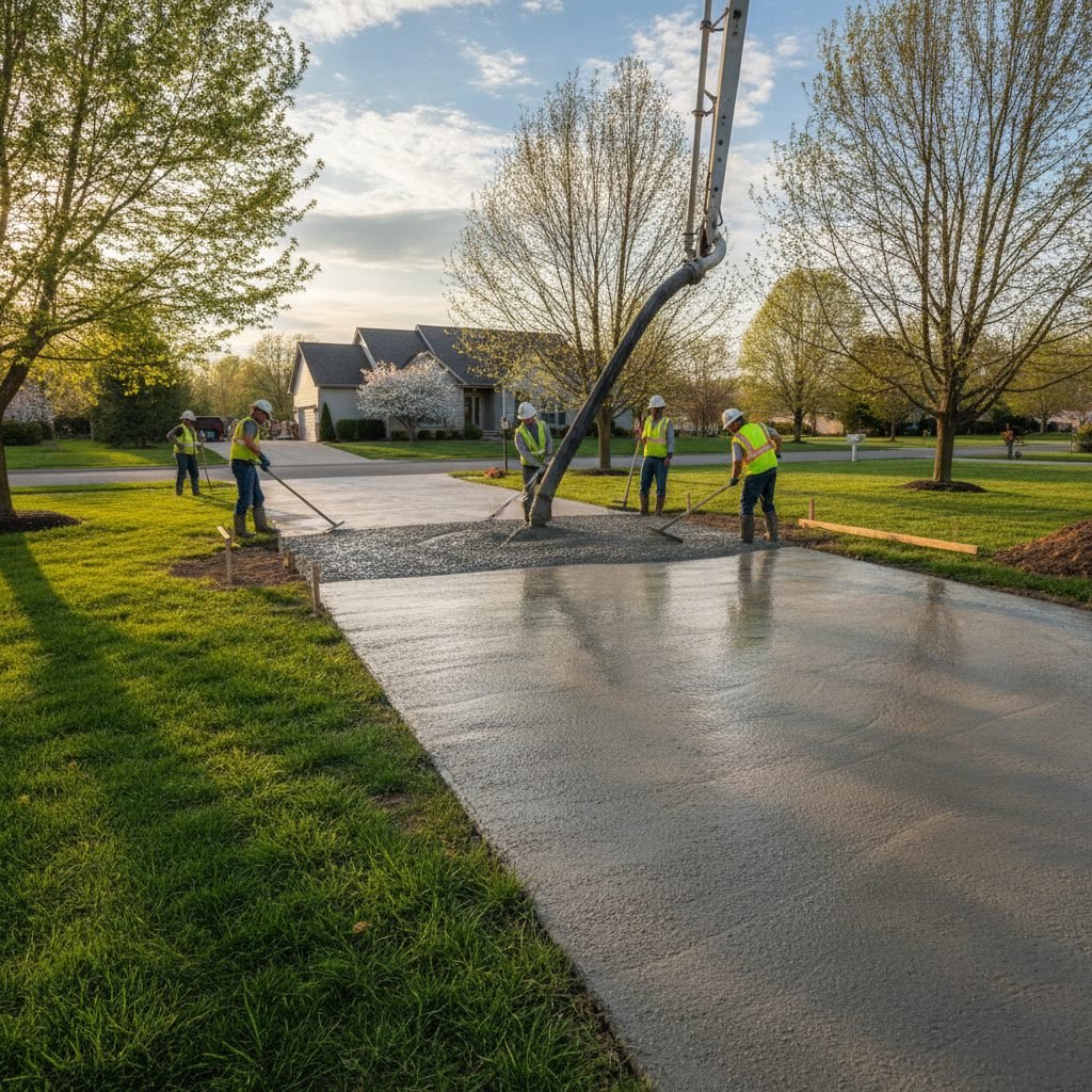 Concrete driveway being poured on a mild sunny spring day in Ohio
