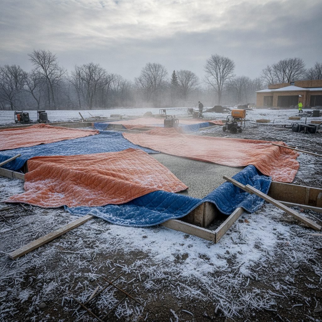 Winter concrete pour in Ohio with insulating blankets covering fresh concrete and frost on the ground