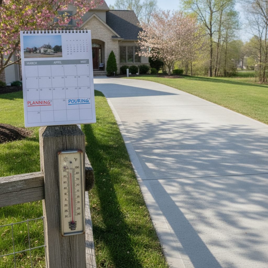 Calendar and thermometer beside a concrete driveway illustrating seasonal timing for pouring