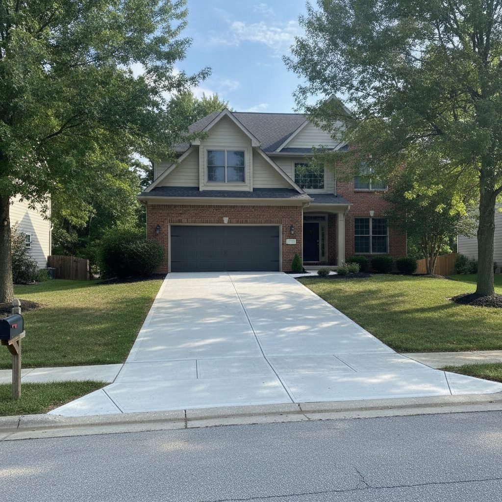 Wide new concrete driveway at a typical Columbus Ohio two-car home illustrating a standard project