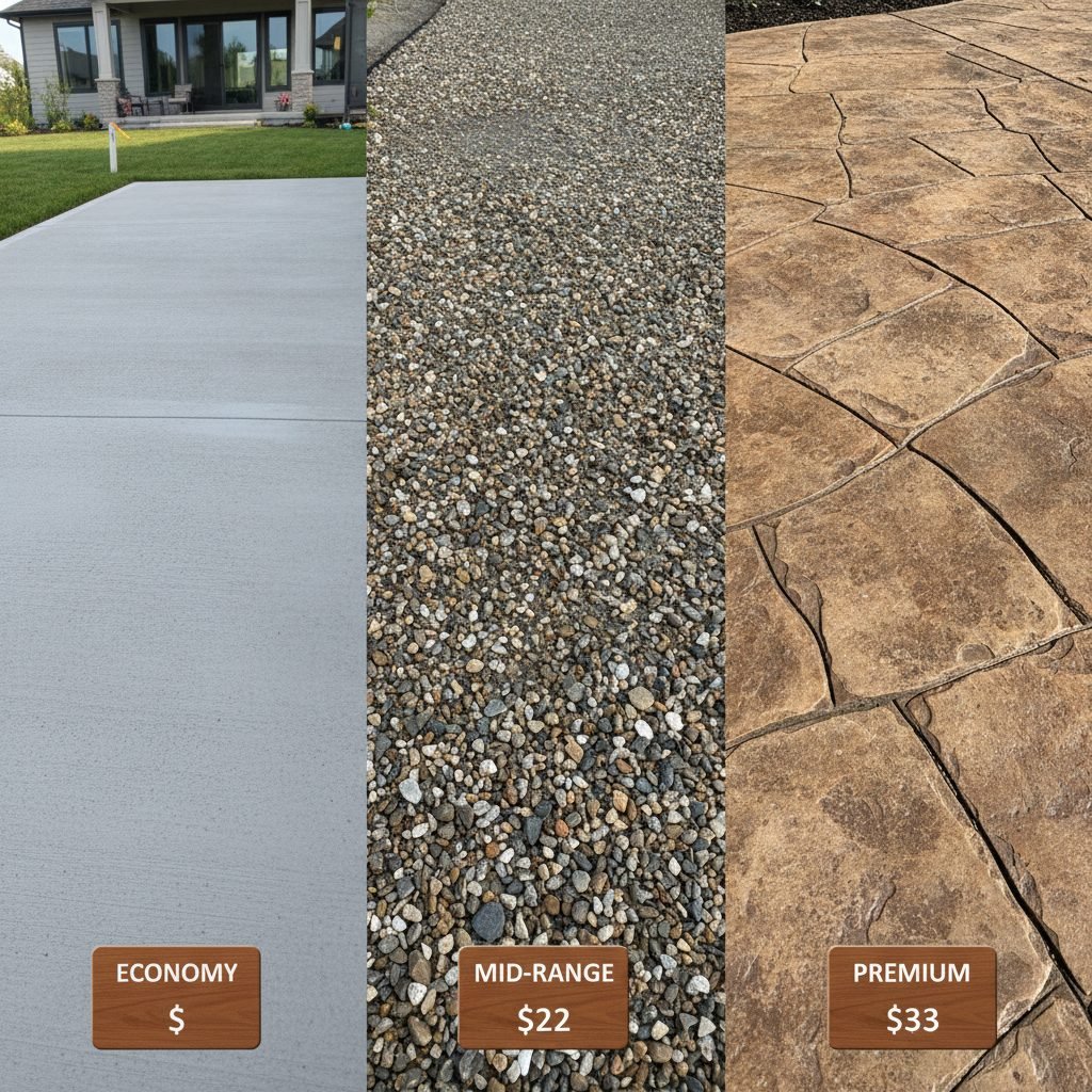 Comparison of three concrete finishes side by side: plain broom