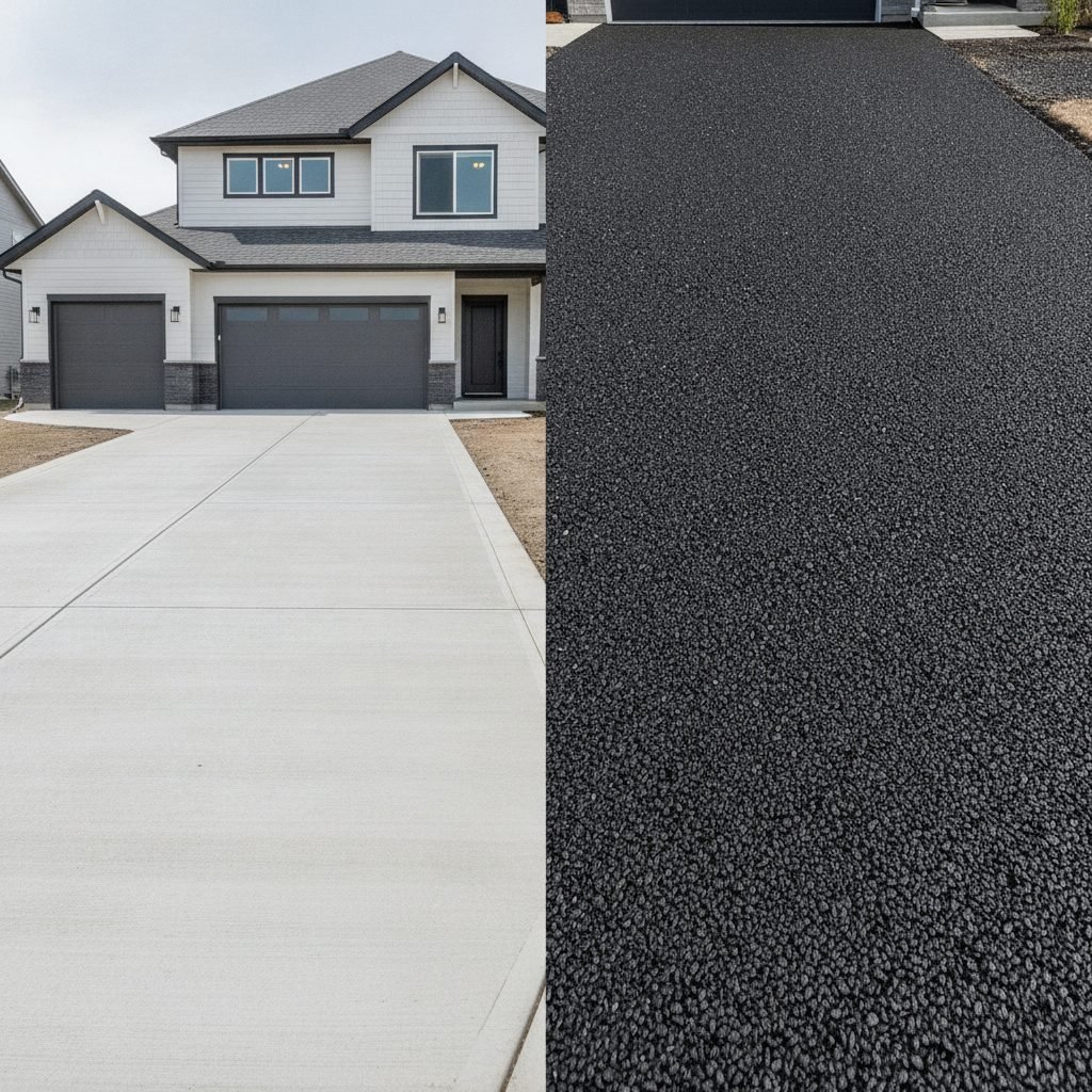 Split comparison image: one half a gray concrete driveway