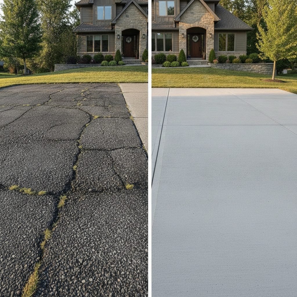 Cracked weathered asphalt driveway showing age and wear next to a pristine concrete driveway